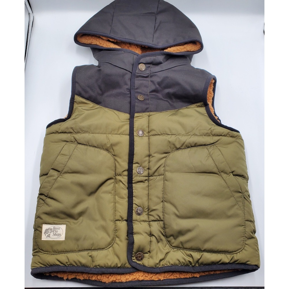 Bass Pro Shops Youth Unisex Vest Burnt Olive Puffer Sherpa Lined‎ Hooded S